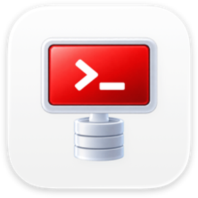 The Glass Power Tools icon: a silver display whose red screen shows a terminal prompt, on a stack of database disks.
