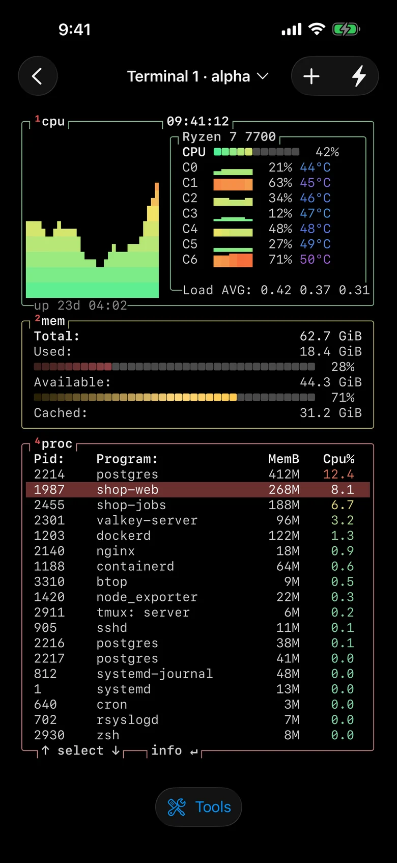An iPhone showing the terminal on alpha across the whole screen, running btop: the CPU's graph and cores, memory and the shop's processes.