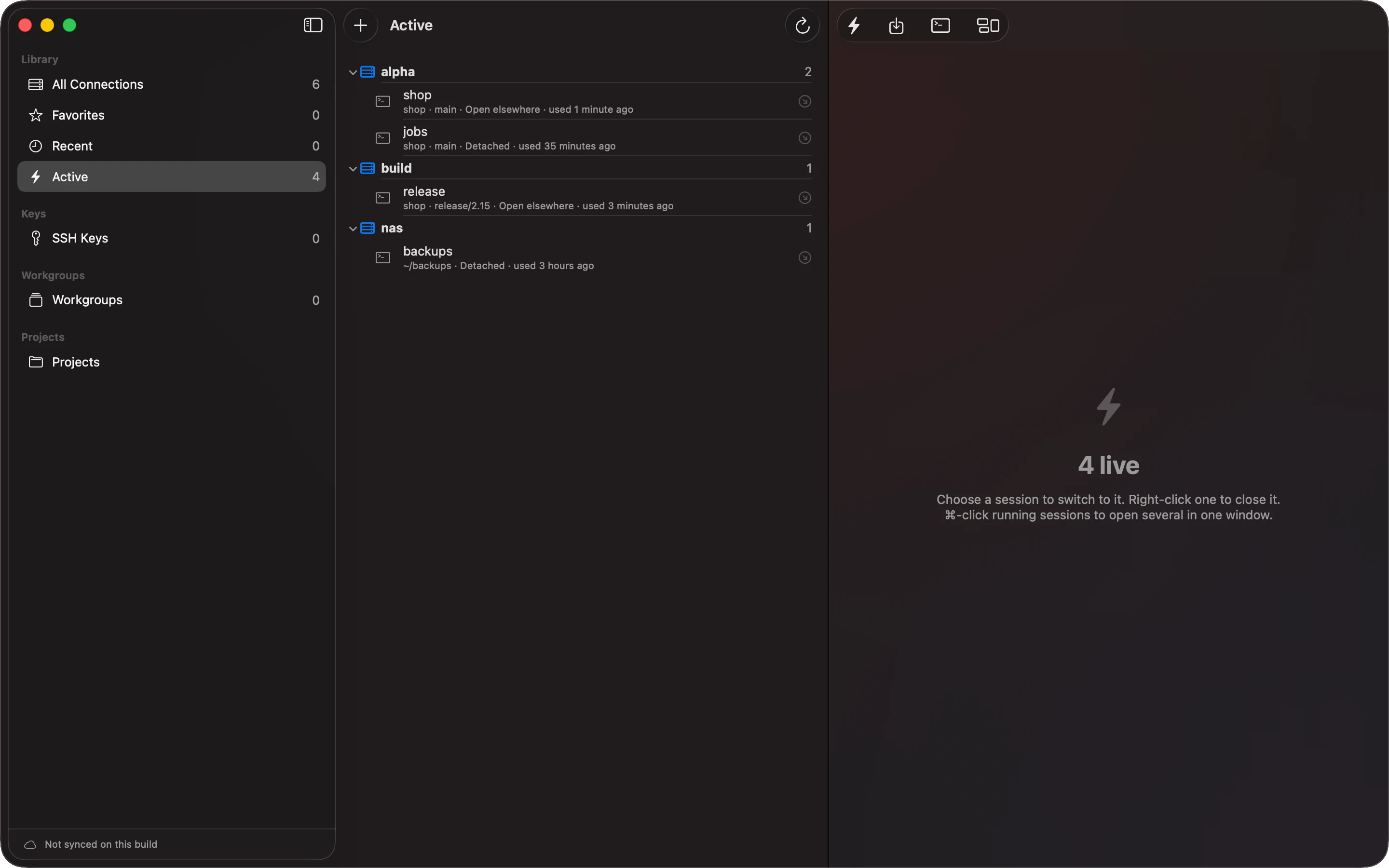 Active in the Connections window on a Mac: tmux sessions running on alpha (shop, open elsewhere; jobs, detached), on build (release, open elsewhere) and on nas (backups, detached), each with its repository and branch or folder, and when it was last used.
