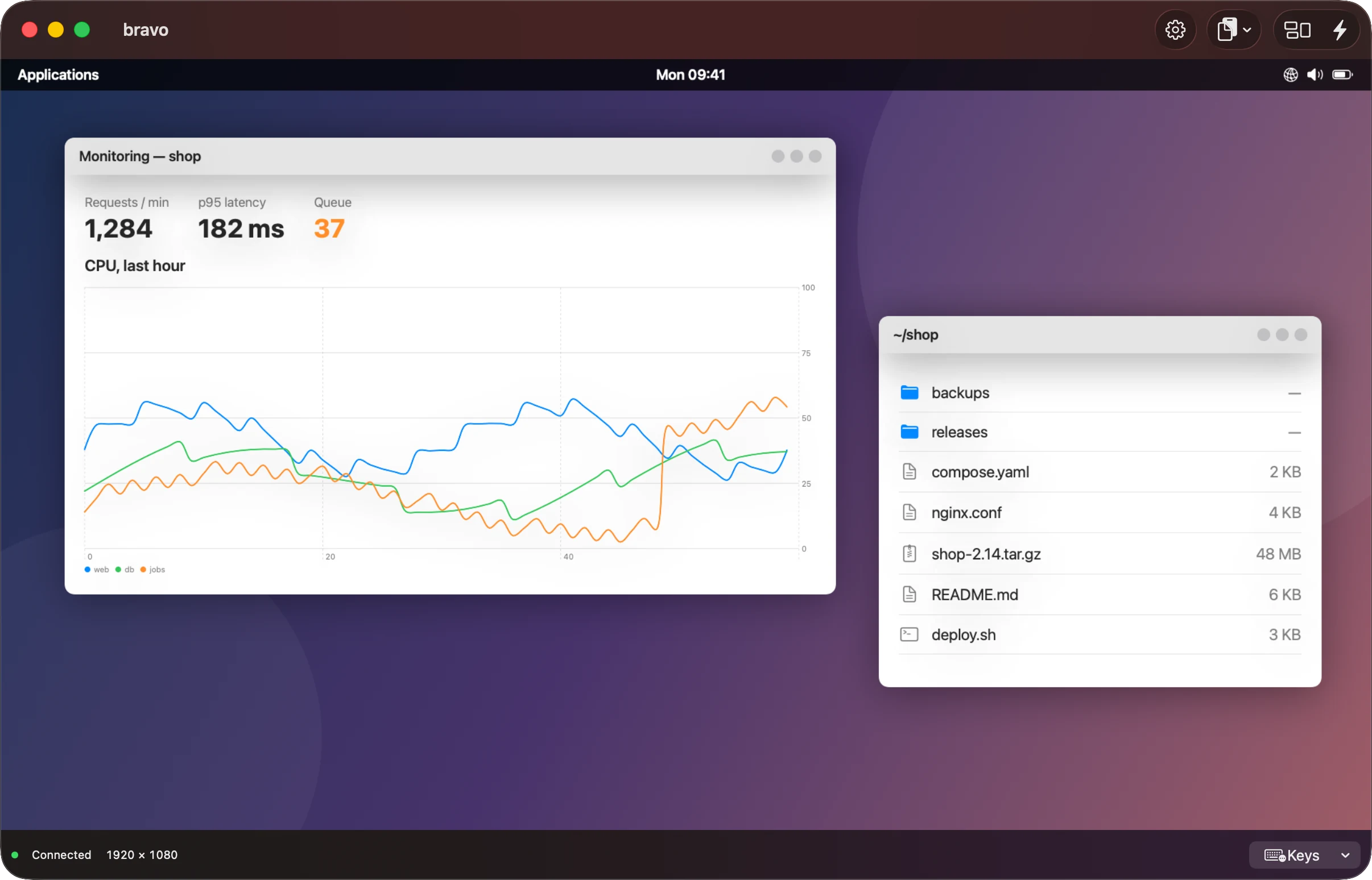 A remote desktop window on a Mac, connected to bravo at 1920 × 1080: a made-up remote screen with a monitoring window charting CPU over the last hour and a window listing the files in ~/shop.