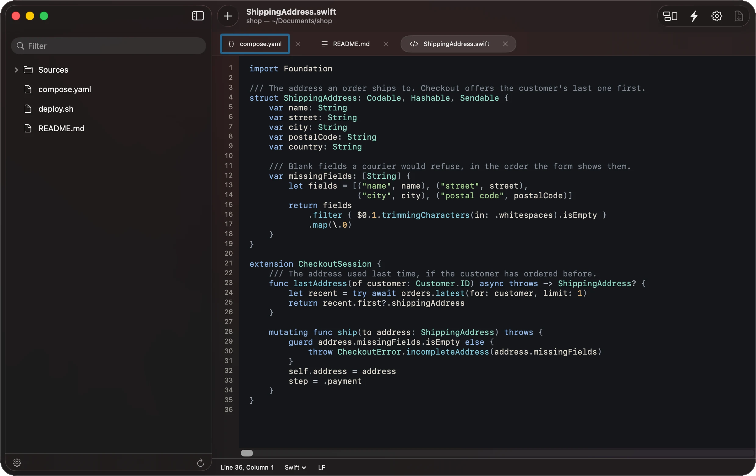 The editor on a Mac: the shop project's files in the sidebar, three tabs (compose.yaml, README.md and ShippingAddress.swift), and ShippingAddress.swift open with its Swift highlighted.