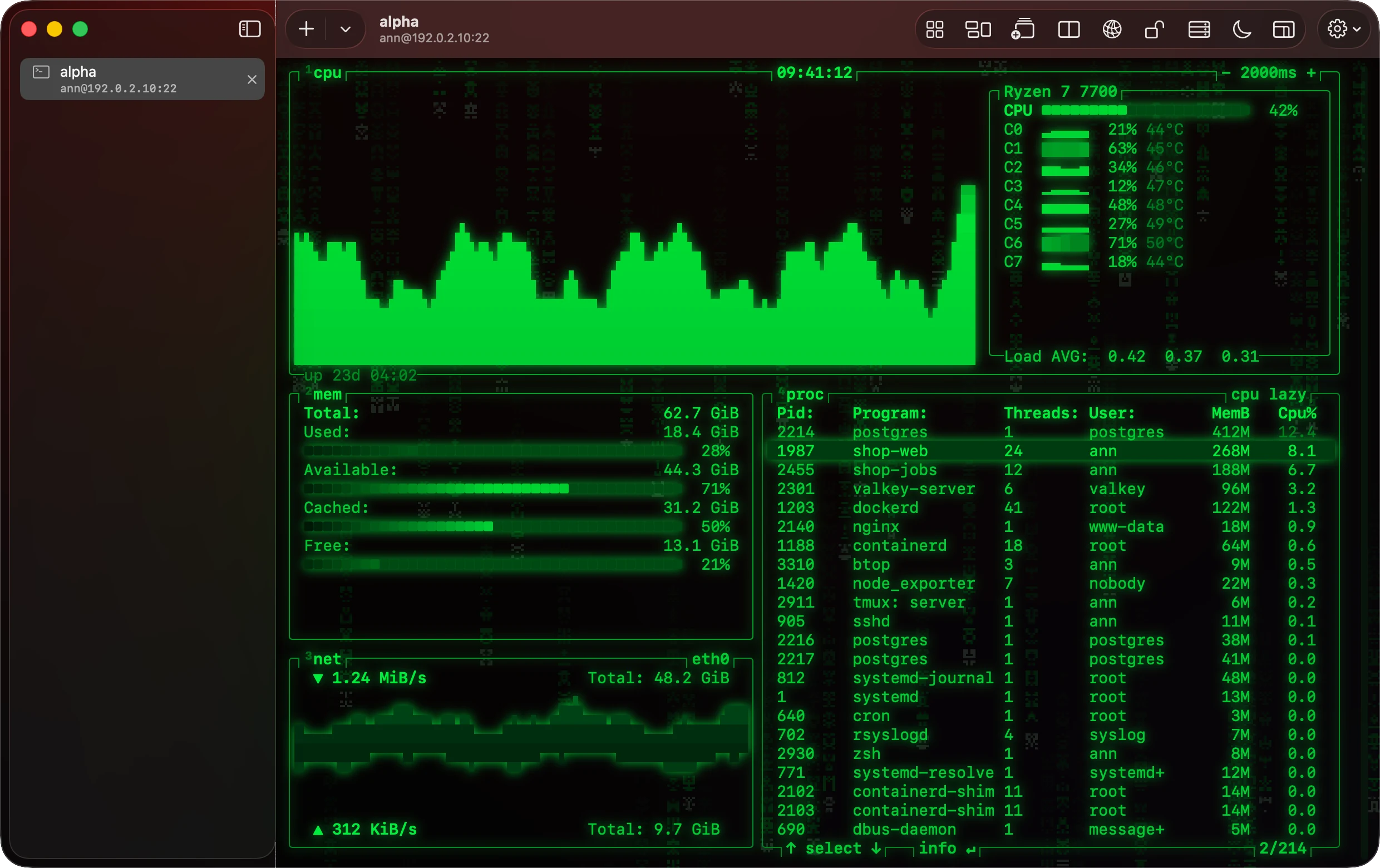 A terminal window on a Mac in the Digital Rain look: btop on alpha drawn in green, with columns of falling green glyphs behind it.