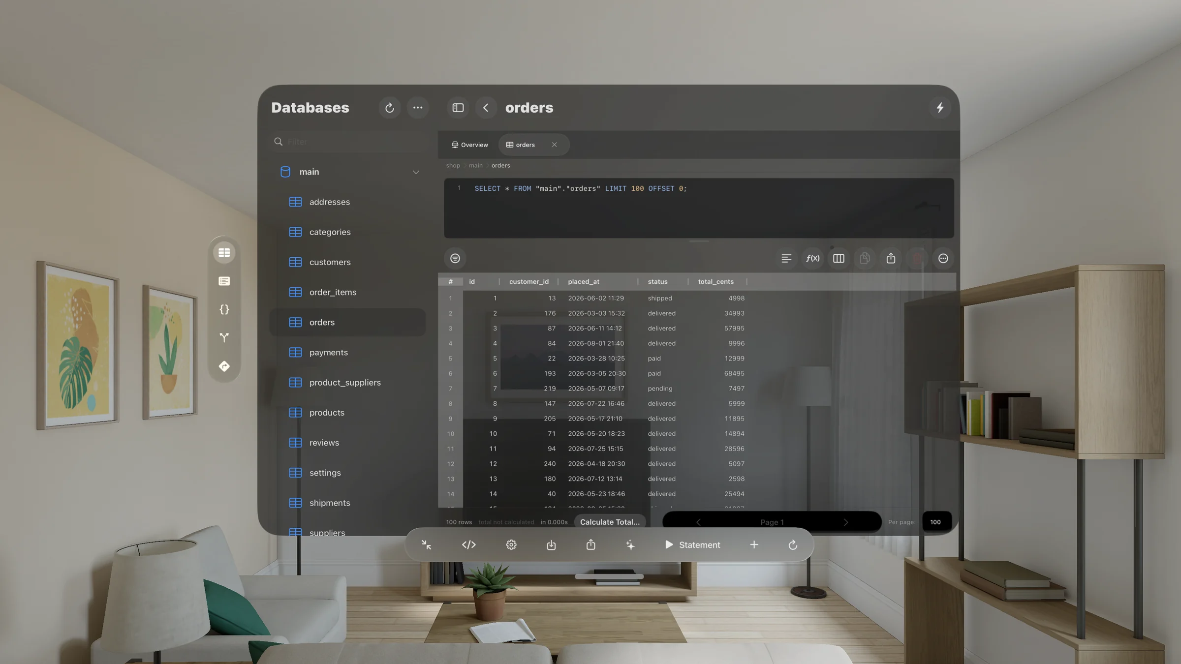 A database window on Vision Pro: the shop database's tables in the sidebar, and the orders table open with its SELECT statement and a grid of orders, the room showing through.