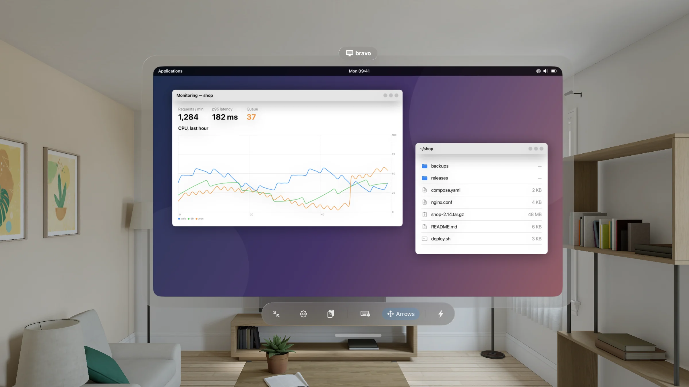 A remote desktop window on Vision Pro, connected to bravo: a made-up remote screen with a monitoring window charting CPU and a window listing the files in ~/shop.