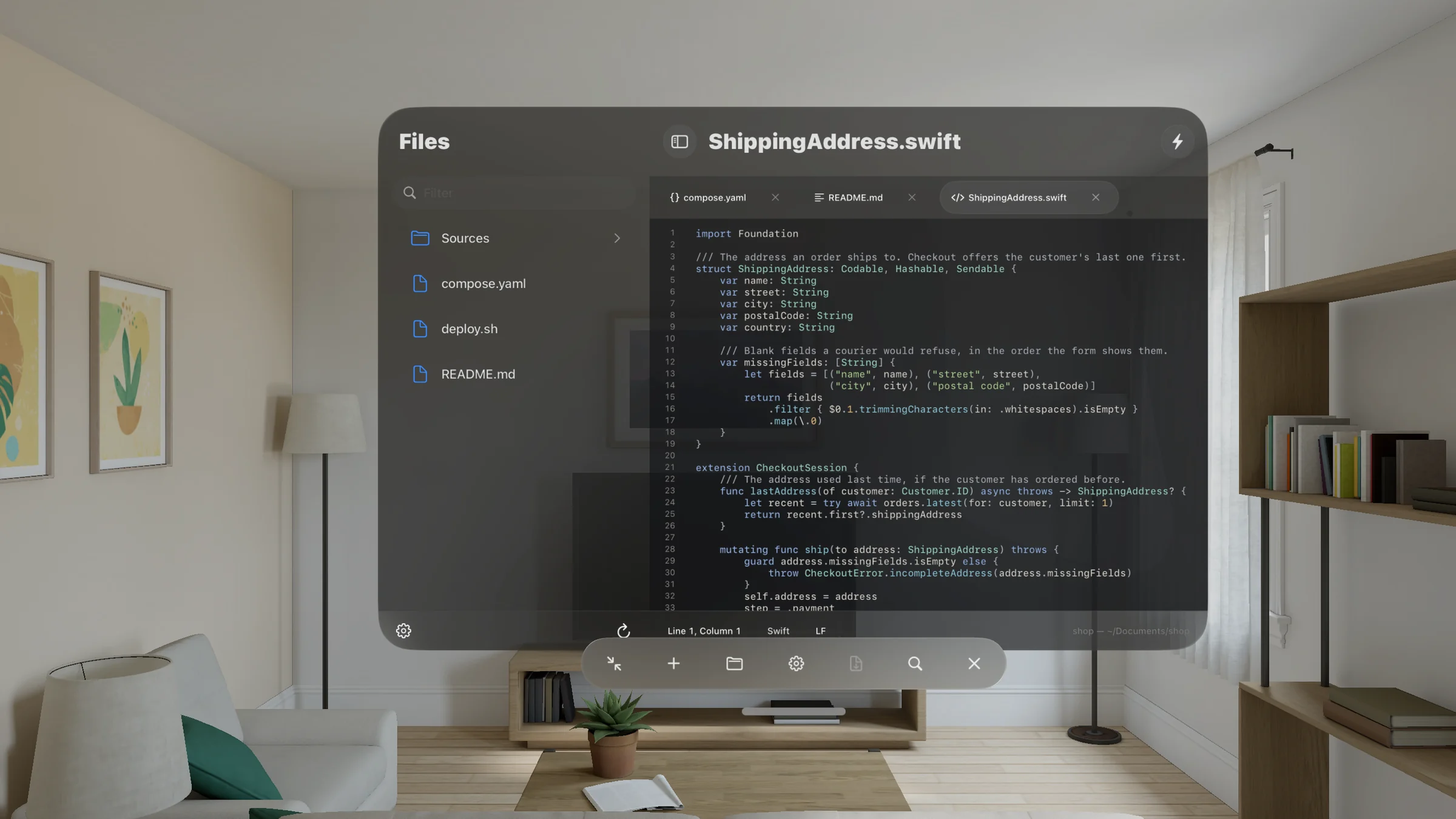 The editor on Vision Pro: the shop project's files on the left, and ShippingAddress.swift open in a tab beside compose.yaml and README.md.