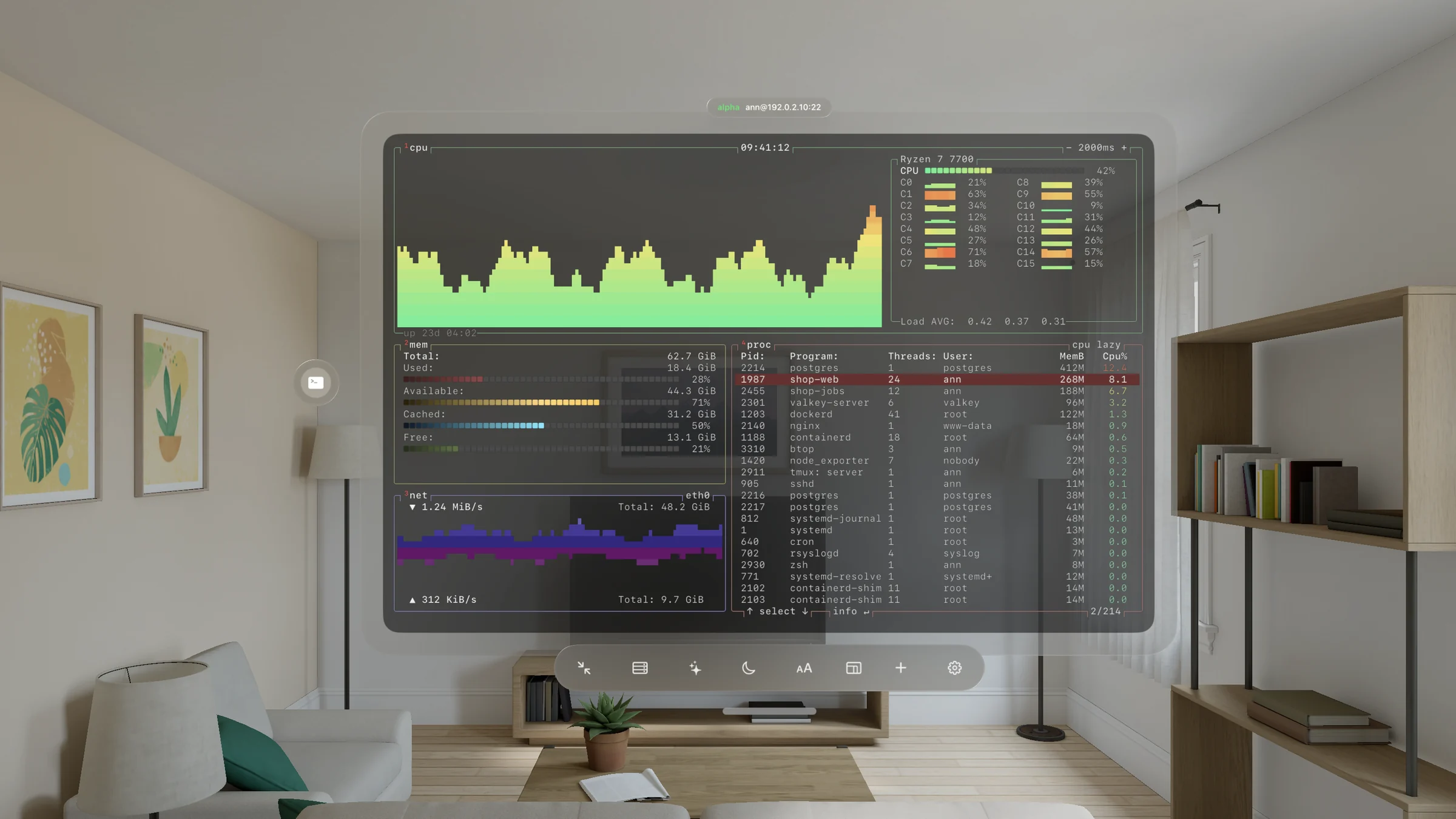 Apple Vision Pro, in the simulator's living room: a terminal on alpha running btop. Its CPU graph rises at the right beside sixteen cores; below are memory, the network and the shop's processes, with shop-web selected. The room shows through the window's glass.