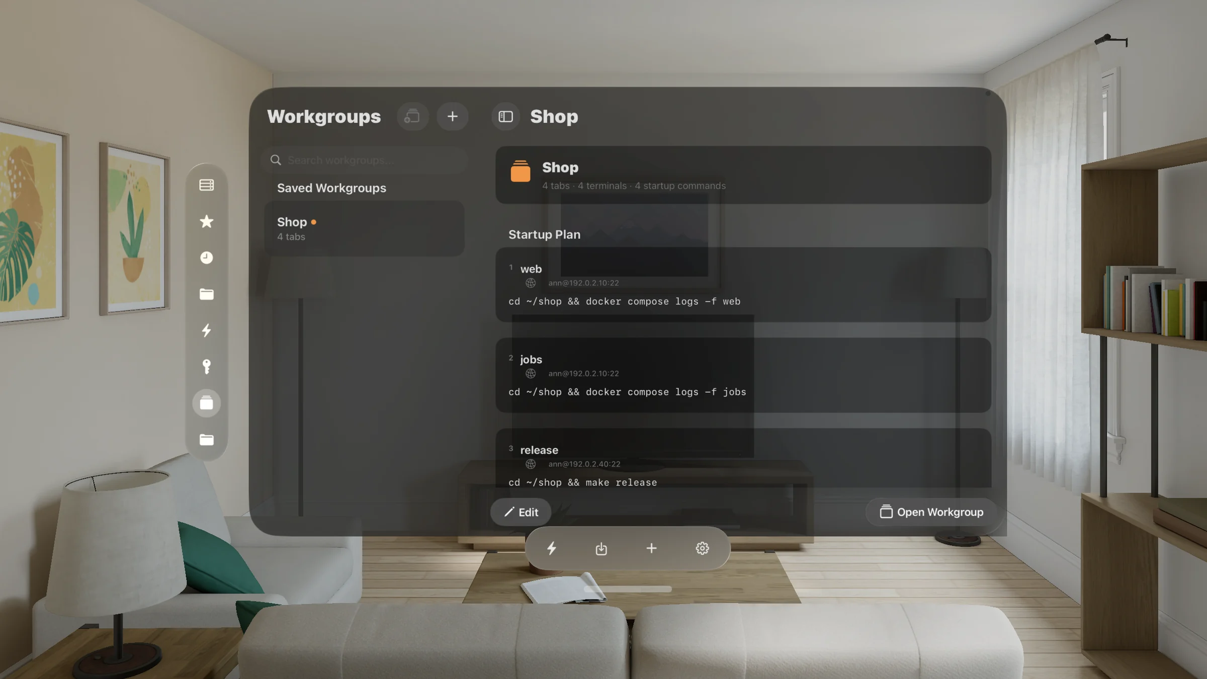 Workgroups on Vision Pro: the Shop workgroup's startup plan, four terminals on three machines: web and jobs on alpha, release on build and backups on nas, each with its address and startup command.